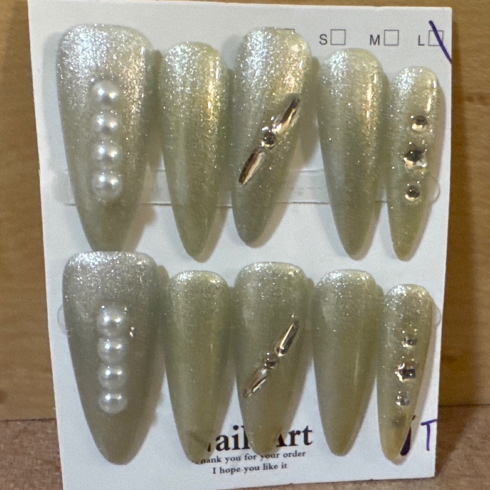 Champagne Glitter Press On Nails Long Stiletto Pearl Rhinestone Accents Size L